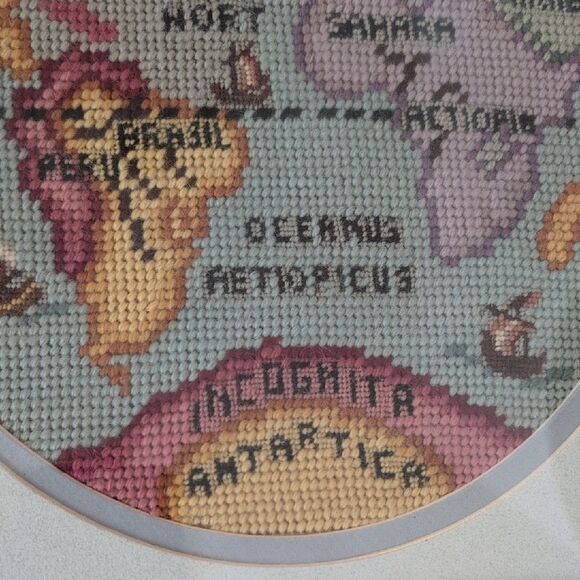 Vintage Framed Handmade Needlework Old World Map Embroidery Art Set of 2 - Picture 4 of 12